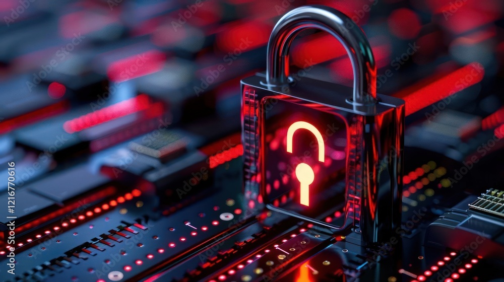 Aufkleber a digital padlock symbolizing cybersecurity on a circuit board background illuminated in red