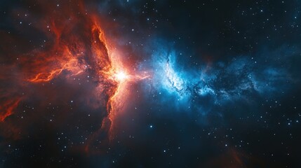 Fototapeta premium A colorful galaxy with a red and blue star. The red star is surrounded by a blue cloud
