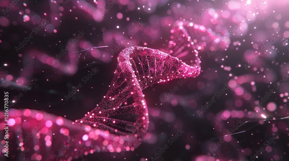Poster abstract representation of a vibrant, glowing dna strand with sparkling particles in a dark backgrou