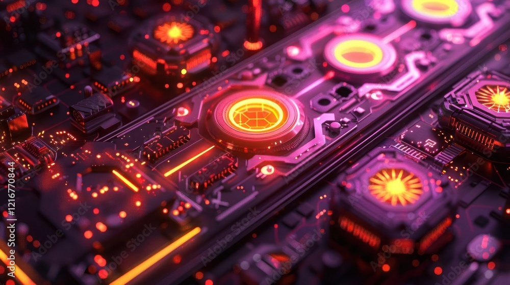Poster close-up view of a futuristic circuit board with glowing components and intricate details (2)