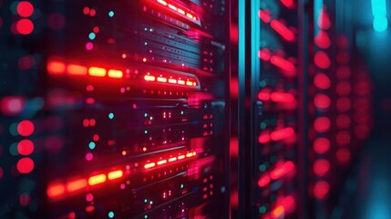 Vibrant server room with illuminated data racks showcasing technology in action