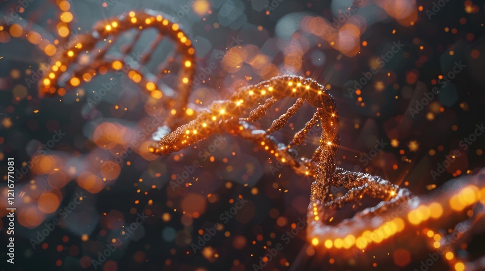 Poster intricate close-up of a glowing dna double helix structure amidst a shimmering cosmic background