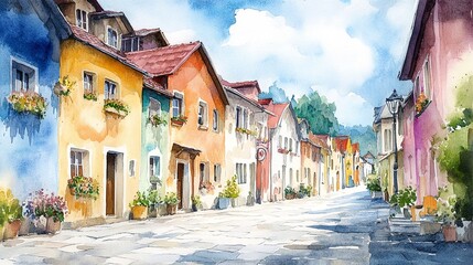 Naklejka premium A watercolor painting of a quaint village street with colorful buildings and potted plants.