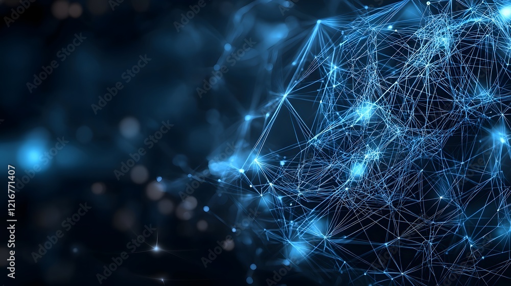 Poster Digital Representation of Intelligence Technology with an Abstract Network of Glowing Blue Lines and Dots Symbolizing Data Processing and Innovative Background