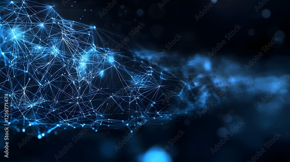 Poster Advanced digital web with a complex network of bright blue lines and dots forming intricate patterns against a deep dark background  Sophisticated technology and data visualization concept
