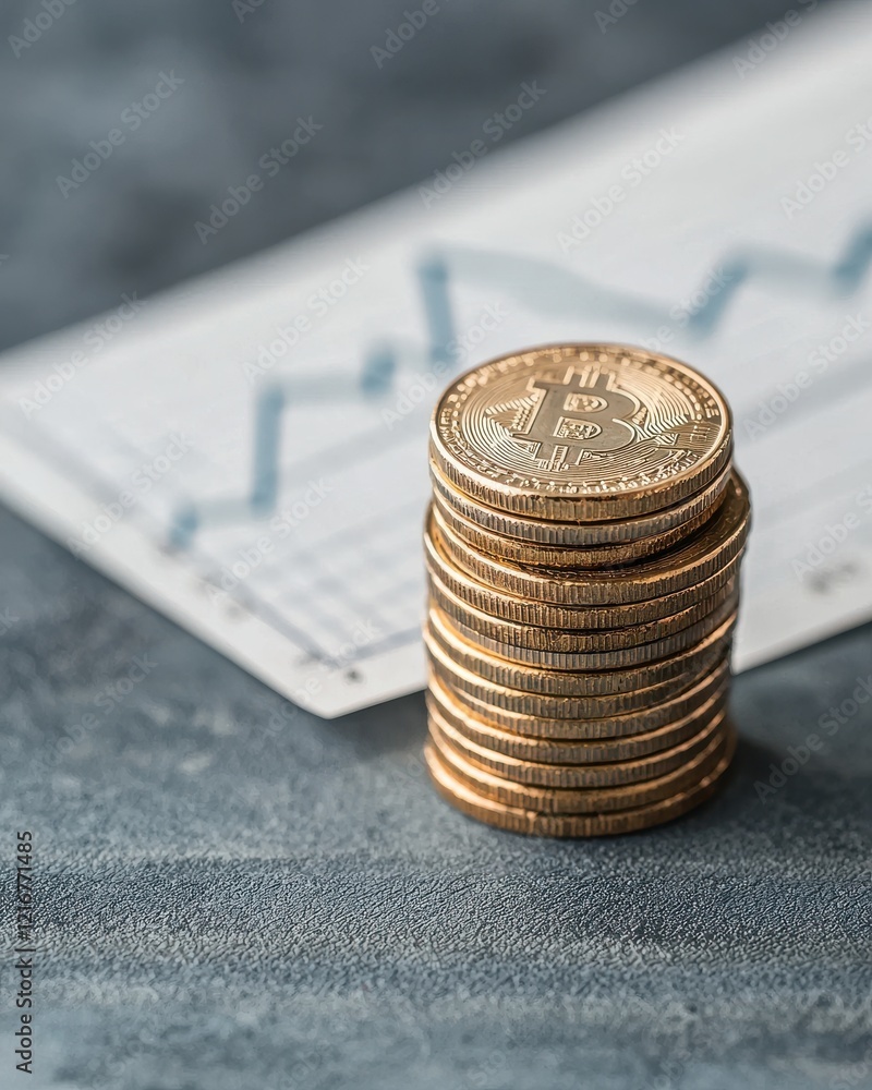 Poster a stack of coins is positioned in front of a graph showing upward trends, symbolizing financial grow