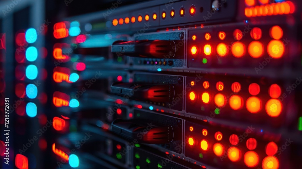 Poster close-up of illuminated server racks in a data center showcasing vibrant led indicators (1)