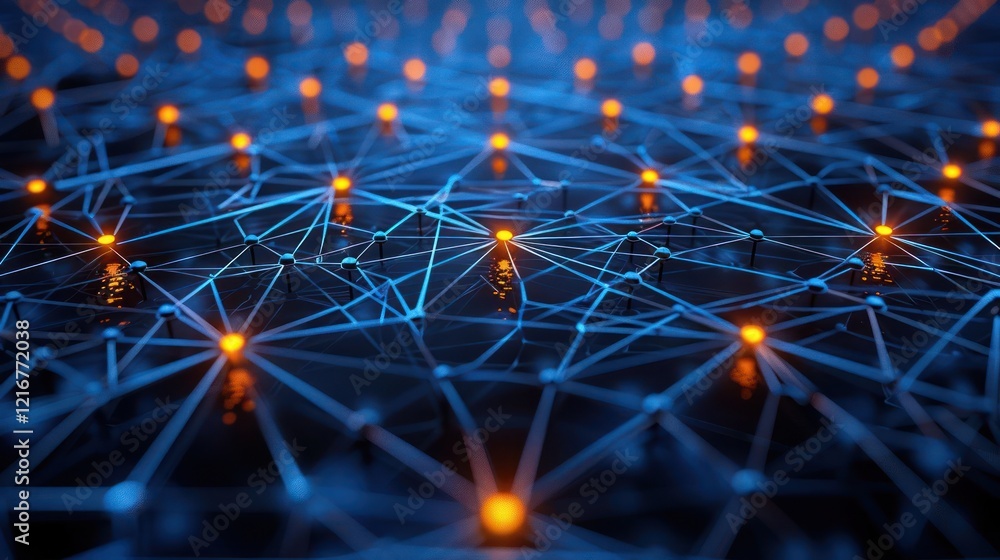 Poster abstract network of glowing nodes and connections creating a digital landscape