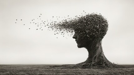 Tree Head Silhouette Disintegrating Leaves Grey Landscape Background