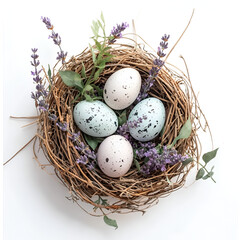 Obraz premium Pastel speckled eggs nestled in a bird's nest adorned with lavender sprigs.