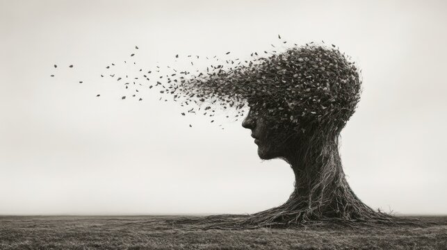 Tree Head Silhouette Disintegrating Leaves Grey Landscape Background