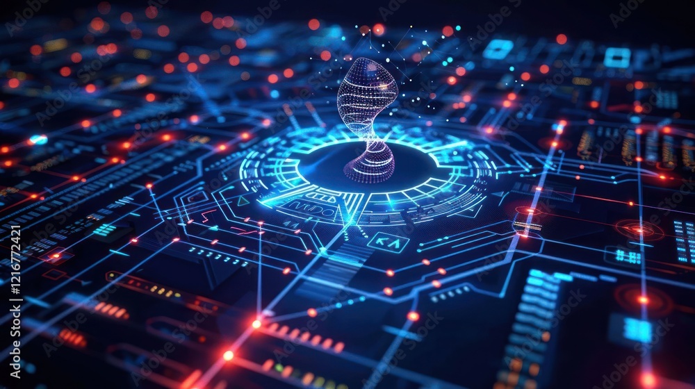 Poster futuristic digital representation of a dna strand surrounded by glowing circuit patterns and data fl