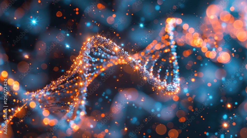 Poster abstract representation of dna strands illuminated with vibrant blue and orange lights, creating a m