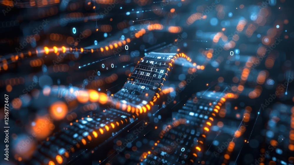 Poster abstract digital landscape with flowing data streams and glowing particles in a futuristic setting