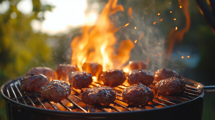 Meatballs on the grill with flames in slow motion. In the background, a blurred garden on a summer evening