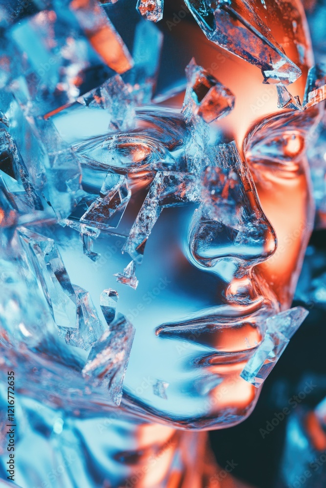 Poster 3d rendering of a woman's head and shoulders, composed entirely of shards of glass with refracted li
