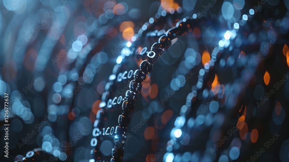 Poster Abstract close-up of glowing beads intertwined with soft blue and orange lights, creating a mesmerizing visual