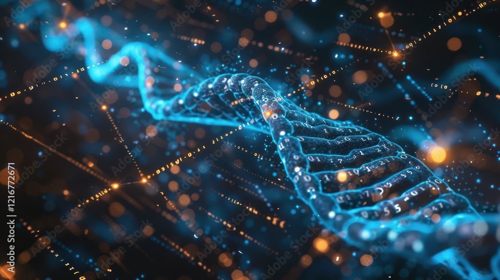 Poster abstract representation of a dna strand illuminated by glowing particles in a digital space