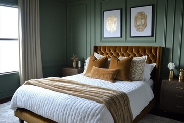 Fototapeta premium Luxurious Gold and Green Bedroom Design Decor