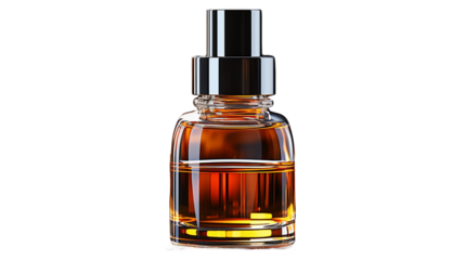 Amber glass perfume bottle with a luxury design and brown liquid, ideal for high-quality product mockups, transparent background.