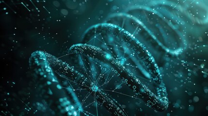 Abstract visualization of a DNA helix composed of glowing binary code against a dark backdrop