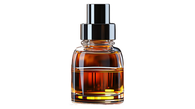 Amber glass perfume bottle with a luxury design and brown liquid, ideal for high-quality product mockups, transparent background.