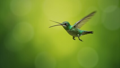 Fototapeta premium Hummingbird in Flight Against Green Background