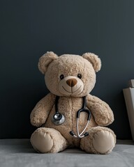 A cute teddy bear with a stethoscope sits against a dark wall, symbolizing comfort and care in pediatric healthcare.