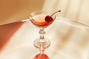Bright red non-alcoholic beverage with cherry sits on a reflective surface in an elegant setting