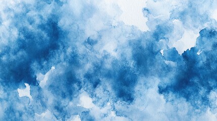 Watercolor blue painting depicting a cloudy sky and water's edge. Abstract textures suggest waves or foam.