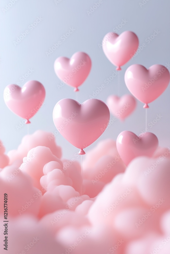 Poster floating heart-shaped balloons drift gently into a soft gradient fog, illuminated by warm light rays