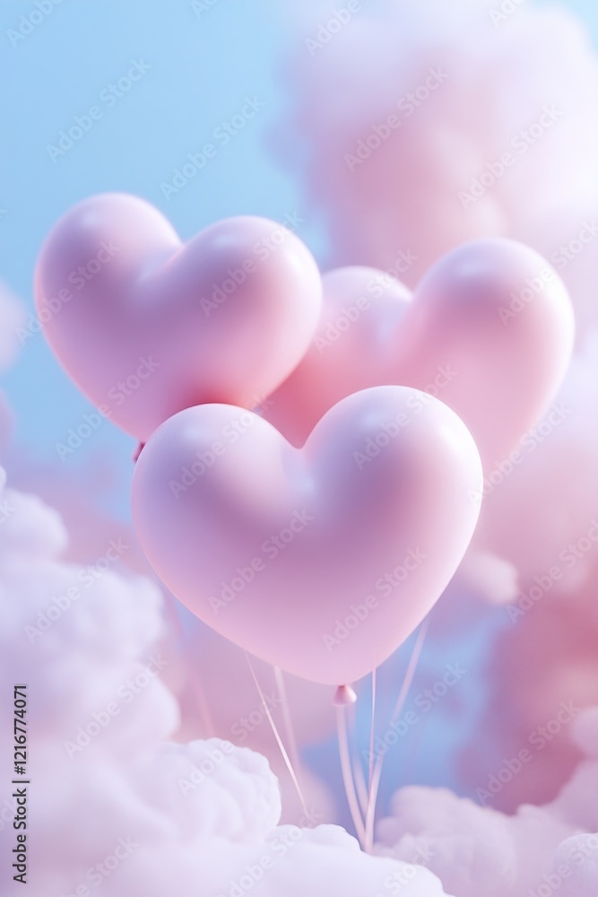 Poster heart-shaped balloons float peacefully in a dreamy environment, surrounded by soft gradient fog and 