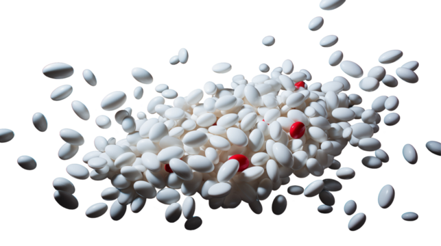 Exploding white pills with red accents, creating a dynamic design for medical or pharmaceutical visuals, transparent background.