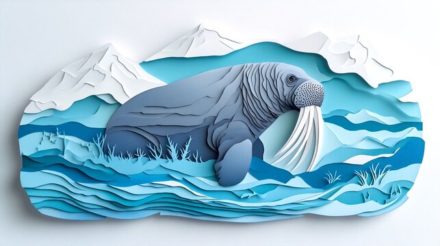 A papercut of a walrus standing on ice with mountains behind it.