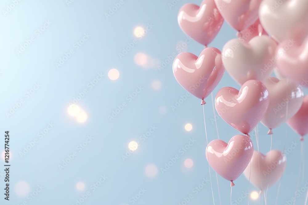 Poster heart-shaped balloons drift in a whimsical haze, illuminated by soft light rays and fading into a gr