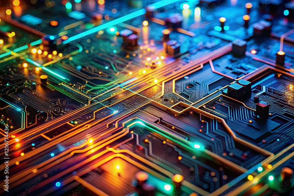 Poster abstract tech background: glowing circuits & data streams