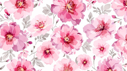 Seamless pattern with Pink flowers painted in watercolor style on a white background, elegant floral design