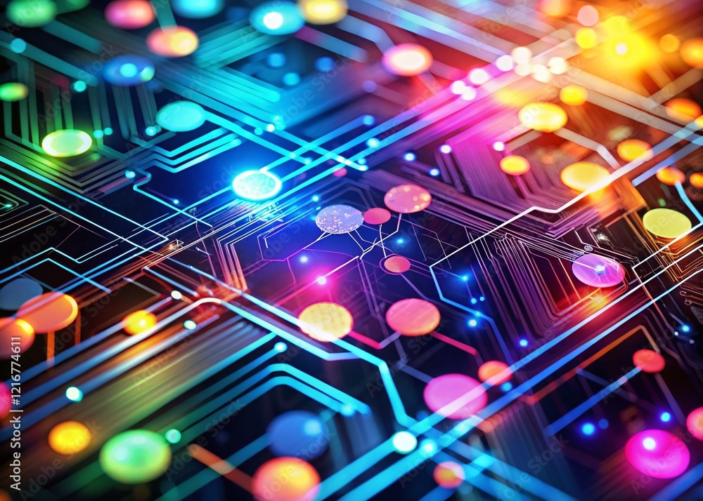 Poster abstract tech bokeh background: digital ads, futuristic patterns, glowing circuits