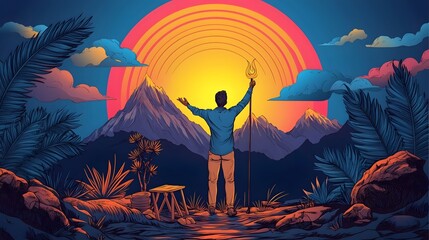 Fototapeta premium Silhouetted figure of an adventurer standing amidst a vibrant mountain landscape embracing the new horizons and opportunities of the year 2026 Representing the spirit of entrepreneurship