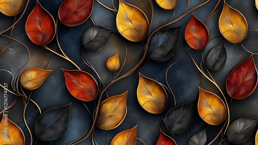 Poster Seamless abstract decorative 3D leaves pattern with intricate textures and soft color gradients creating a modern and elegant visual background stylish for various design applications