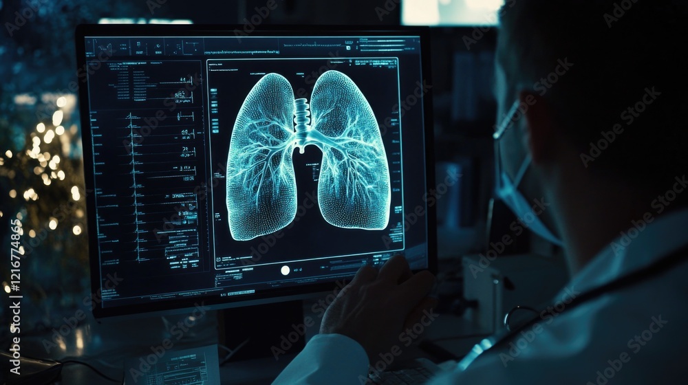 Poster a doctor is looking at a computer screen with a picture of a lung on it. the lung appears to be dama