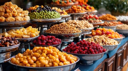 Obraz premium Exotic dried fruit market display, vibrant colors, buffet, abundance