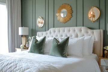 Elegant bedroom with white bedding and gold accents