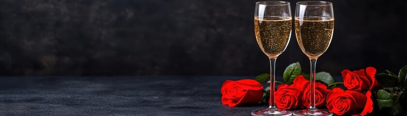 Romantic Valentine s Day Celebration Two Champagne Flutes and Red Roses