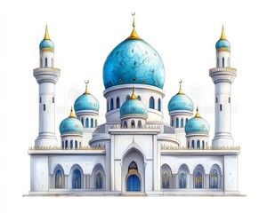 Fototapeta premium Colorful Cartoon Mosque with Blue Dome and Minarets in the Background