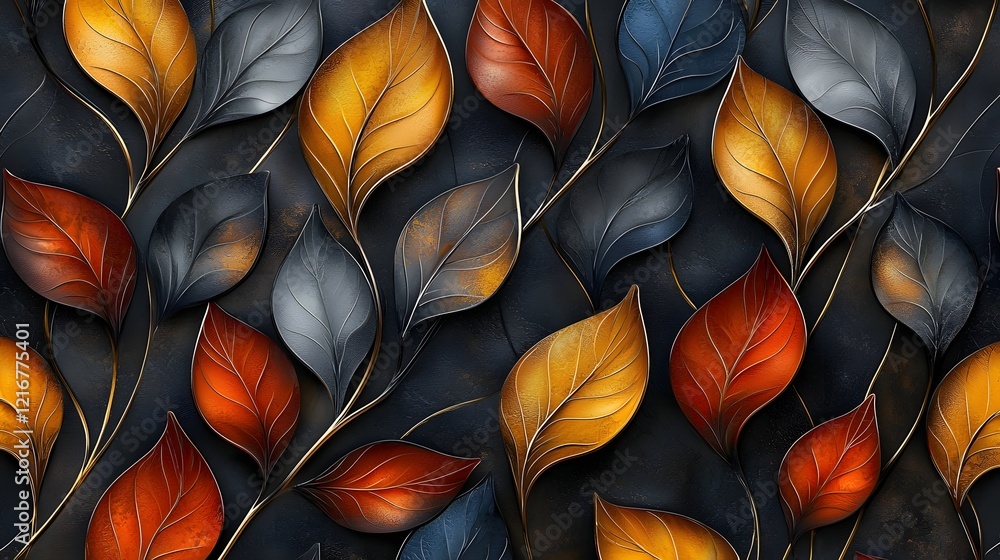 Poster Stunning seamless decorative background pattern featuring a blend of vibrant autumn toned 3D abstract leaves with detailed textures and overlapping layers for a sophisticated and elegant visual
