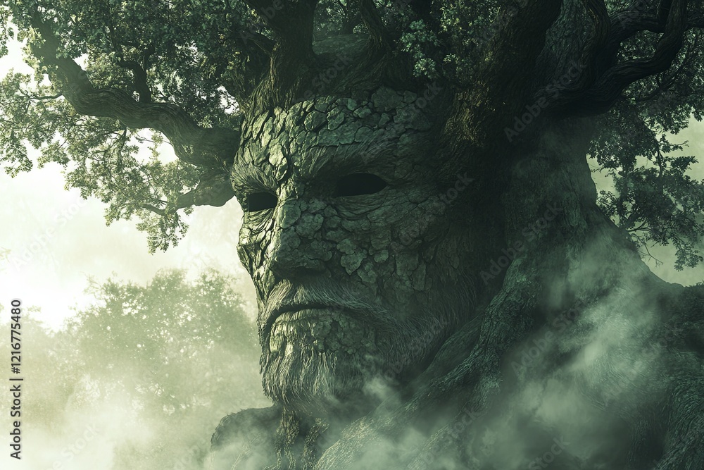 Poster mysterious giant tree figure with a human-like face surrounded by mist in an enchanted forest. gener