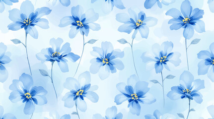 Seamless pattern with blue flowers painted in watercolor style on a white background, elegant floral design