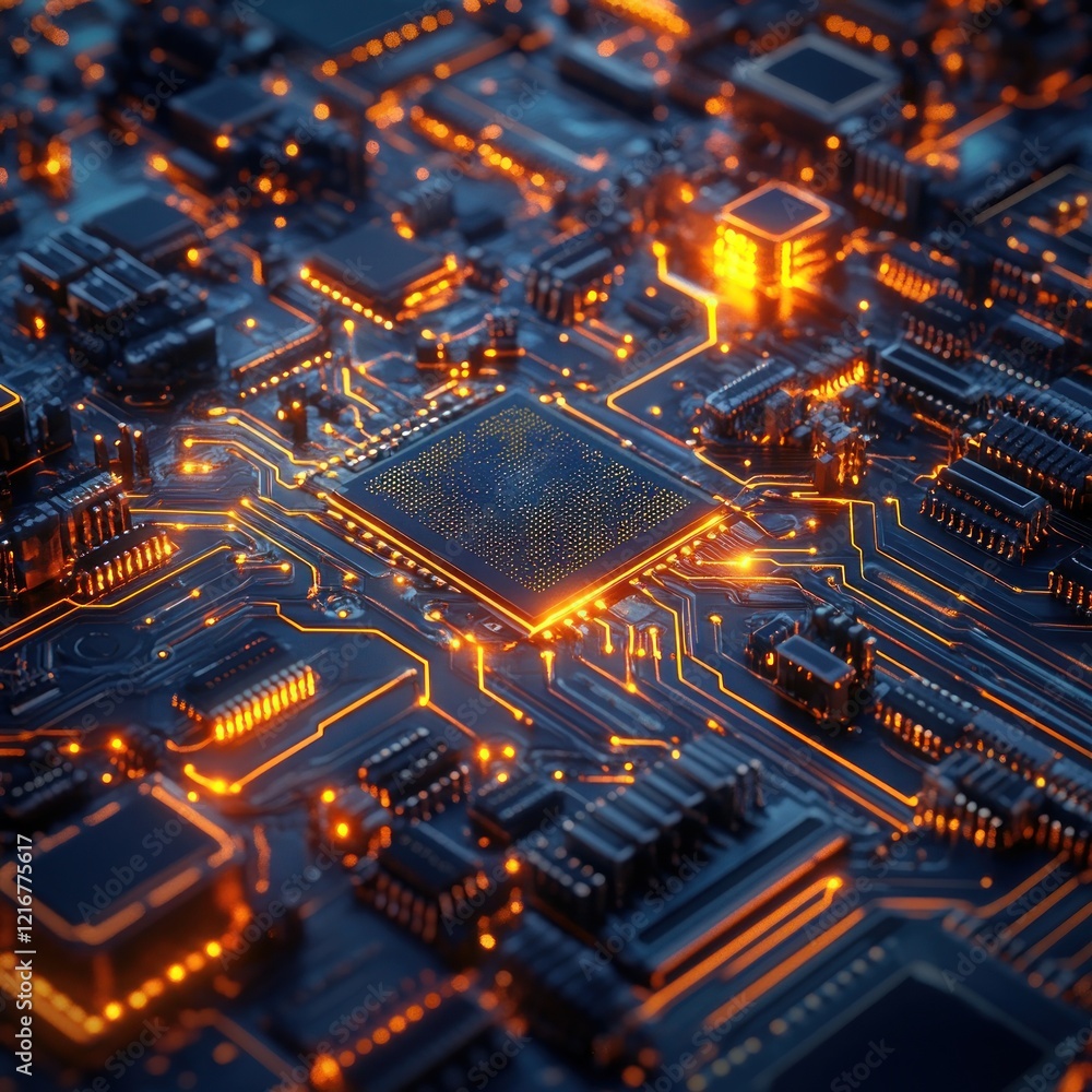 Poster illuminated circuitry: a close-up of a microprocessor's intricate design