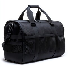 Naklejka premium Durable Black Gym Bag with Mesh Pockets On White Background Perfect for Sports Enthusiasts